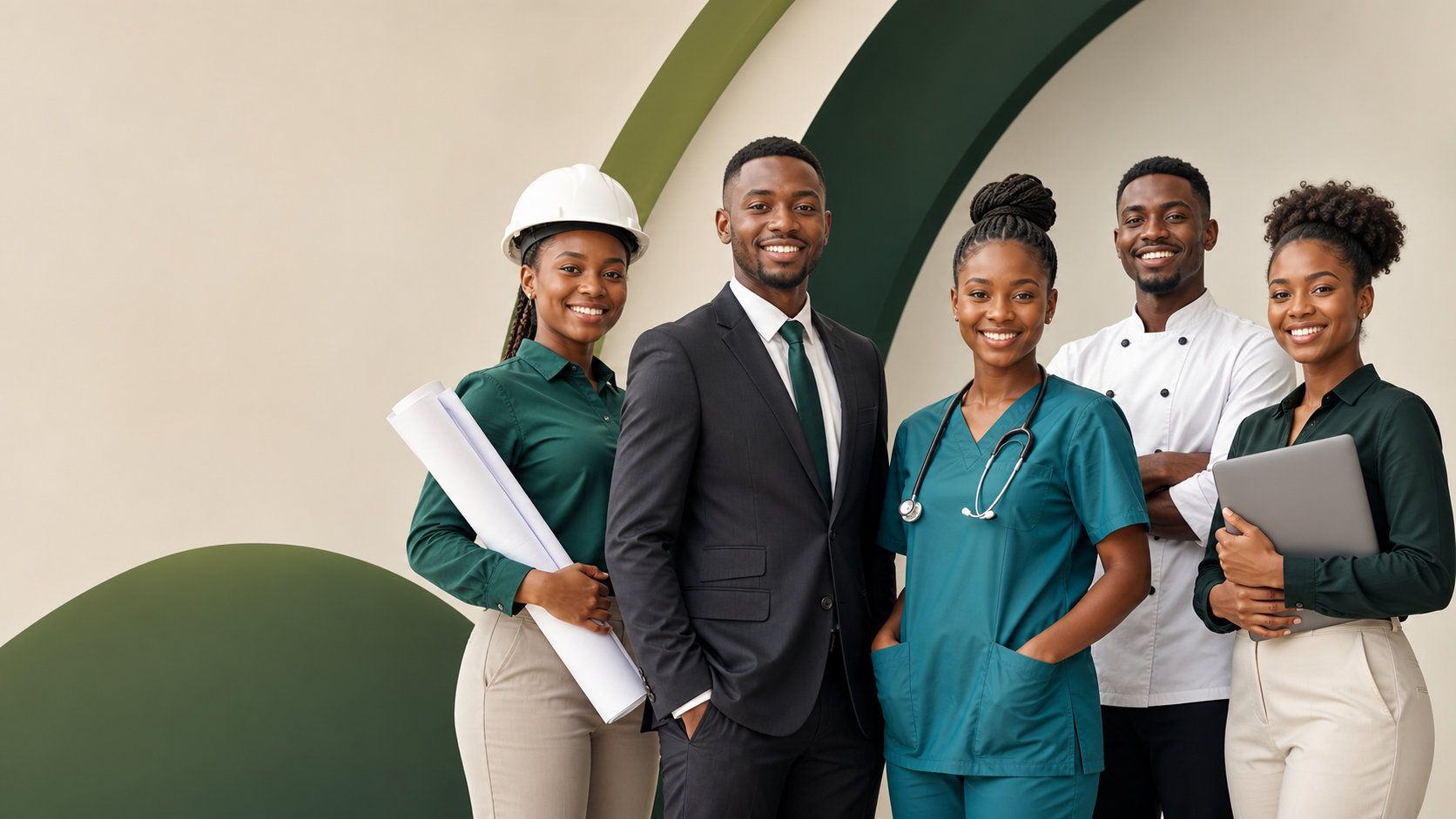Young professionals representing engineering, business, healthcare, culinary arts and technology
